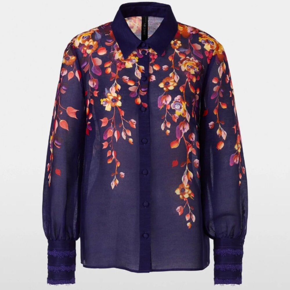MarcCain Elegant Blouse AI floral print XG 51.04 Deep Purple Linen Silk 6/14 NWT